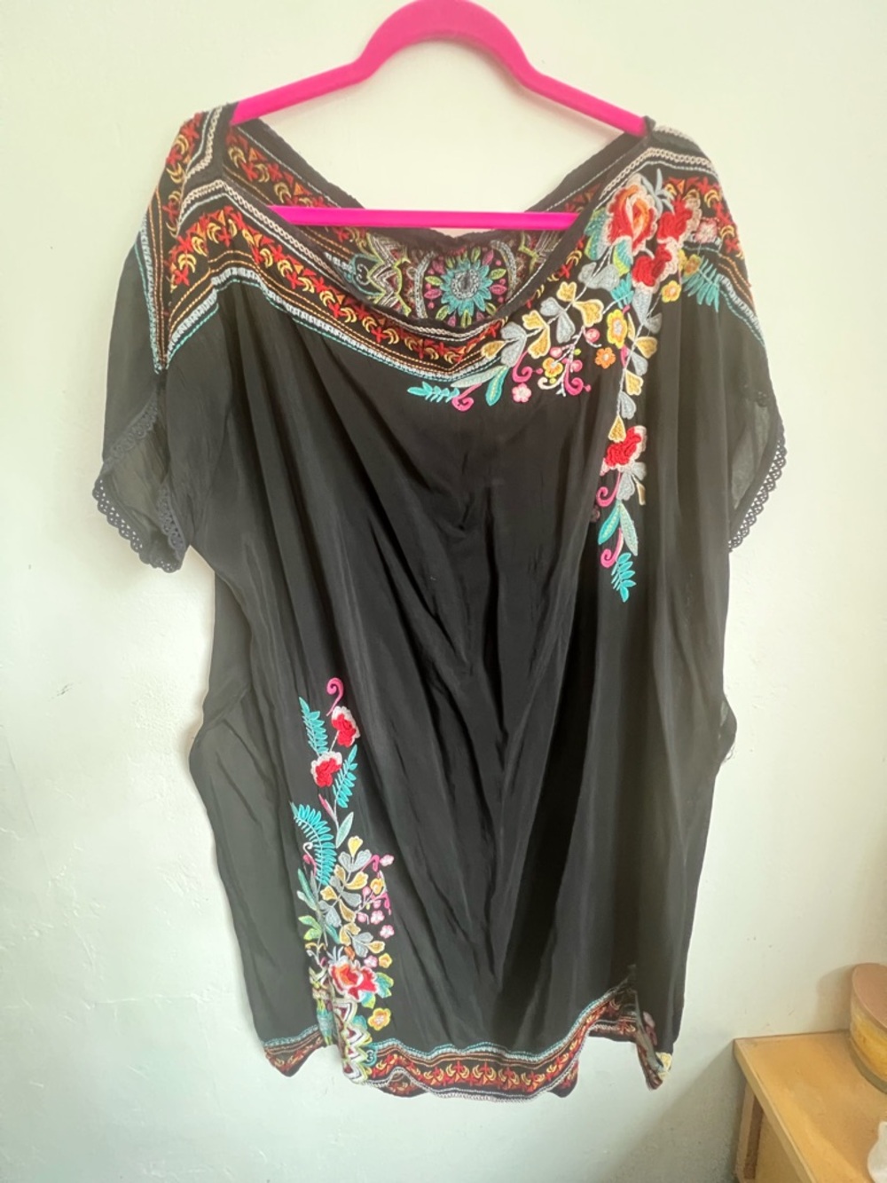 Johnny Was Black Embroidered Floral Peasant Tunic